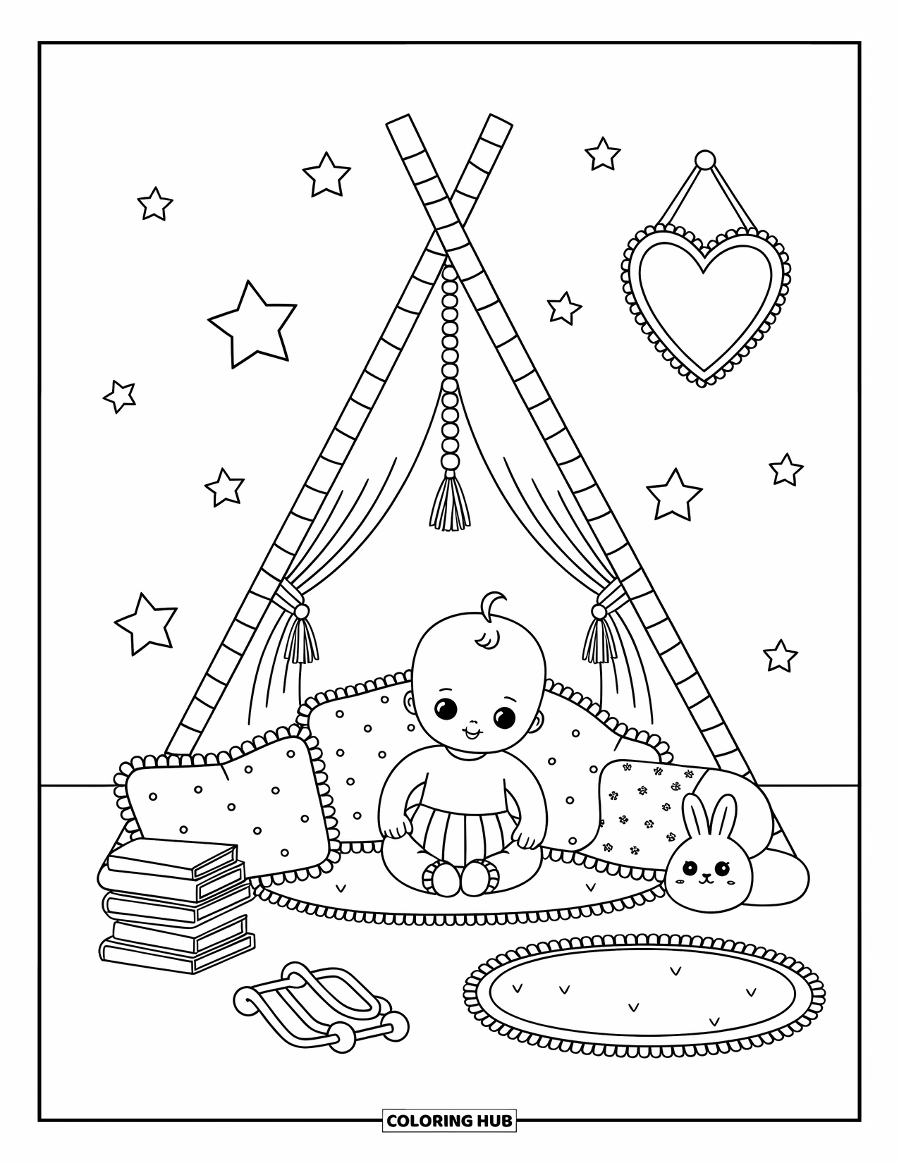 Baby Doll Coloring Page for Adults: A baby doll relaxes in her play tent surrounded by books and a bunny nightlight