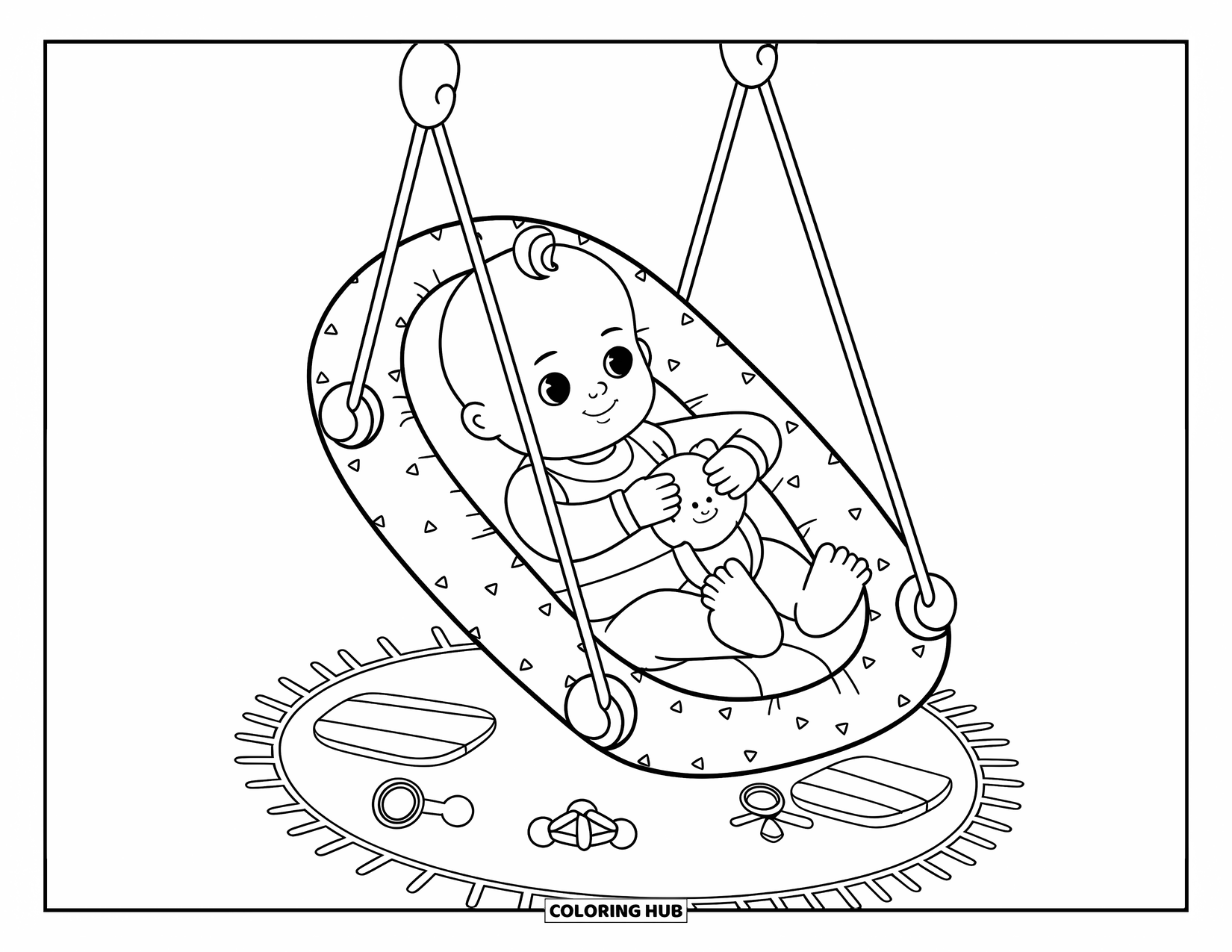 Baby Doll Coloring Page for Adults: A baby doll rests in a soft swing surrounded by rattles and a cozy rug