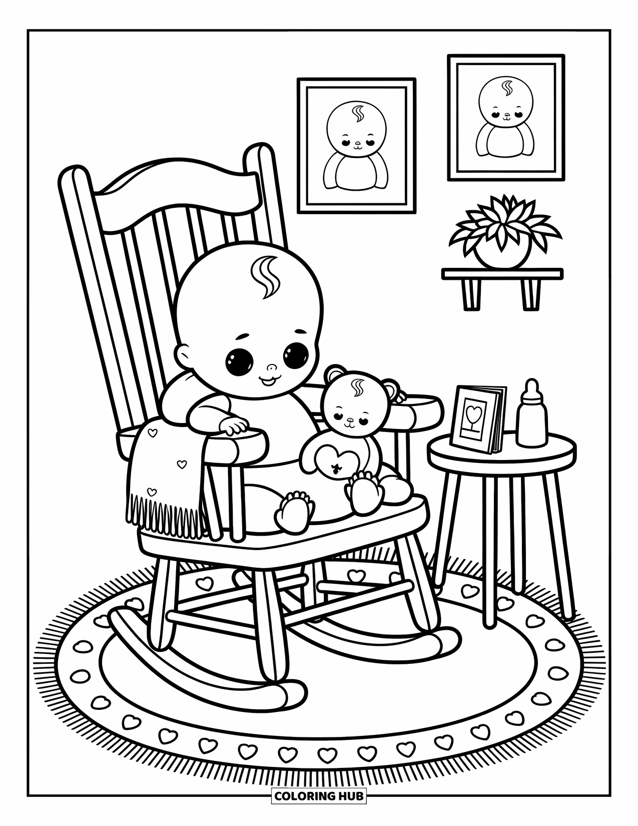 Baby Doll Coloring Page for Adults: A baby doll rests in her rocking chair holding her plush toy peacefully