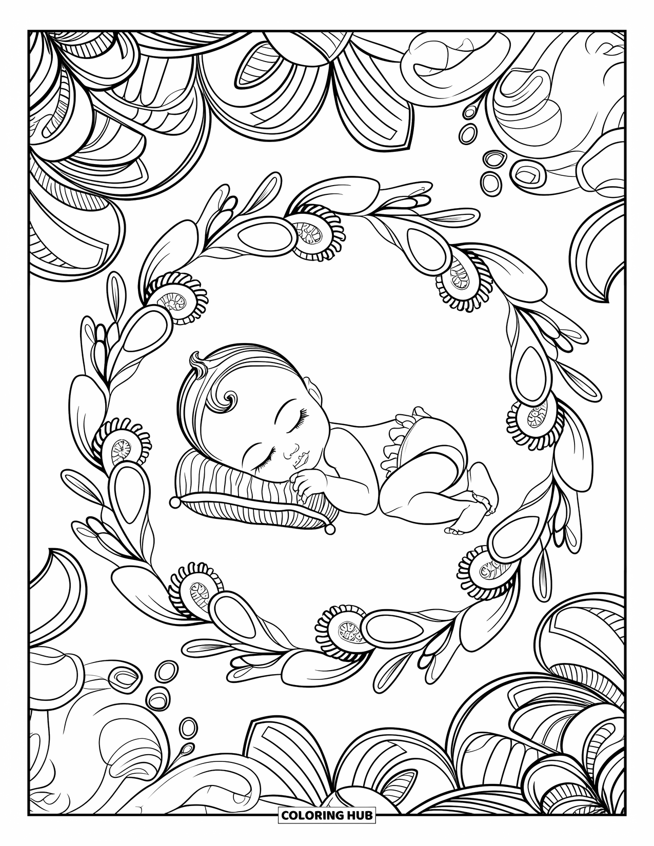 Baby Doll Coloring Page for Adults: A baby doll rests on a pillow encircled by spiraling leaves and vines
