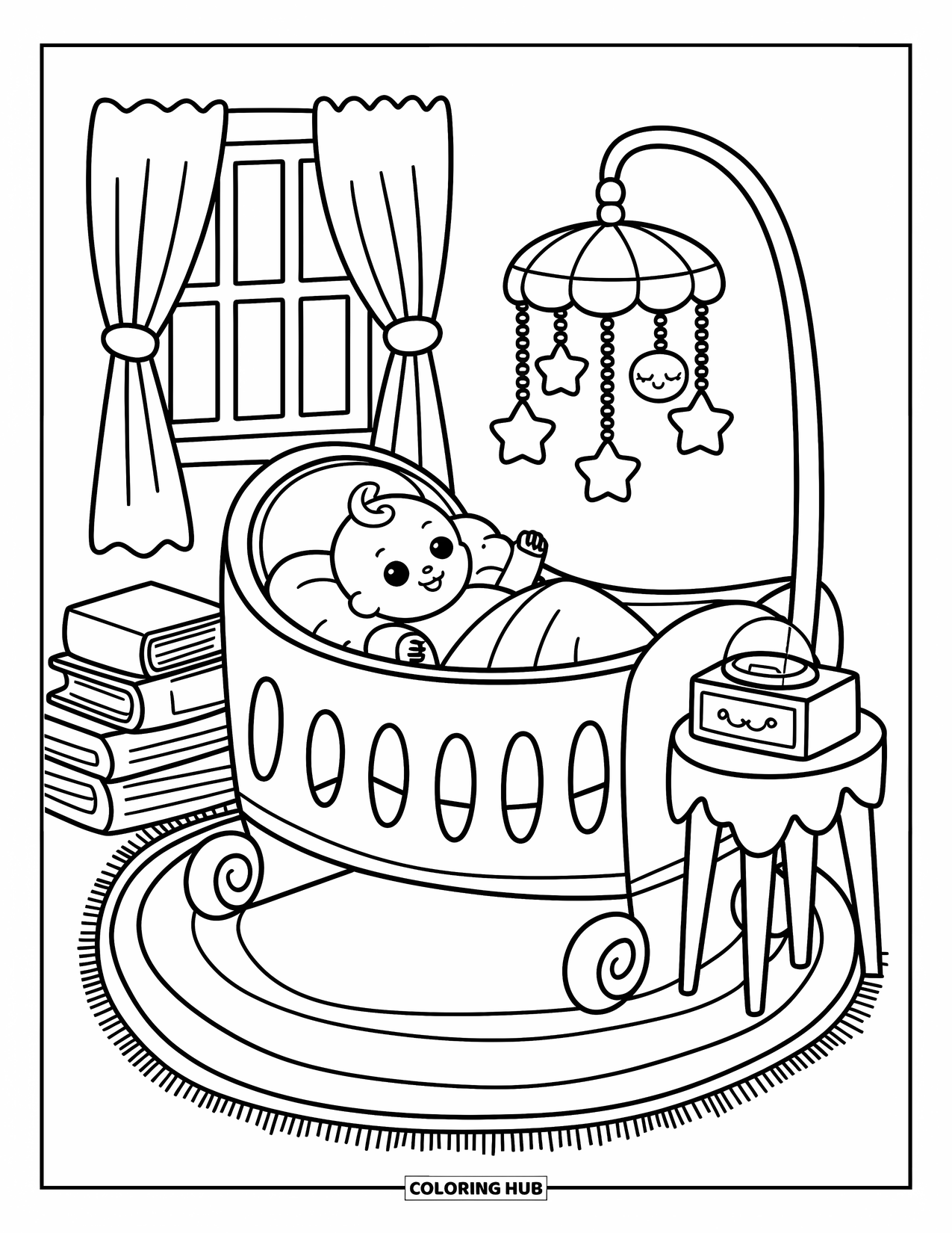 Baby Doll Coloring Page for Adults: A baby doll rests peacefully in her cradle beneath a mobile of stars and clouds