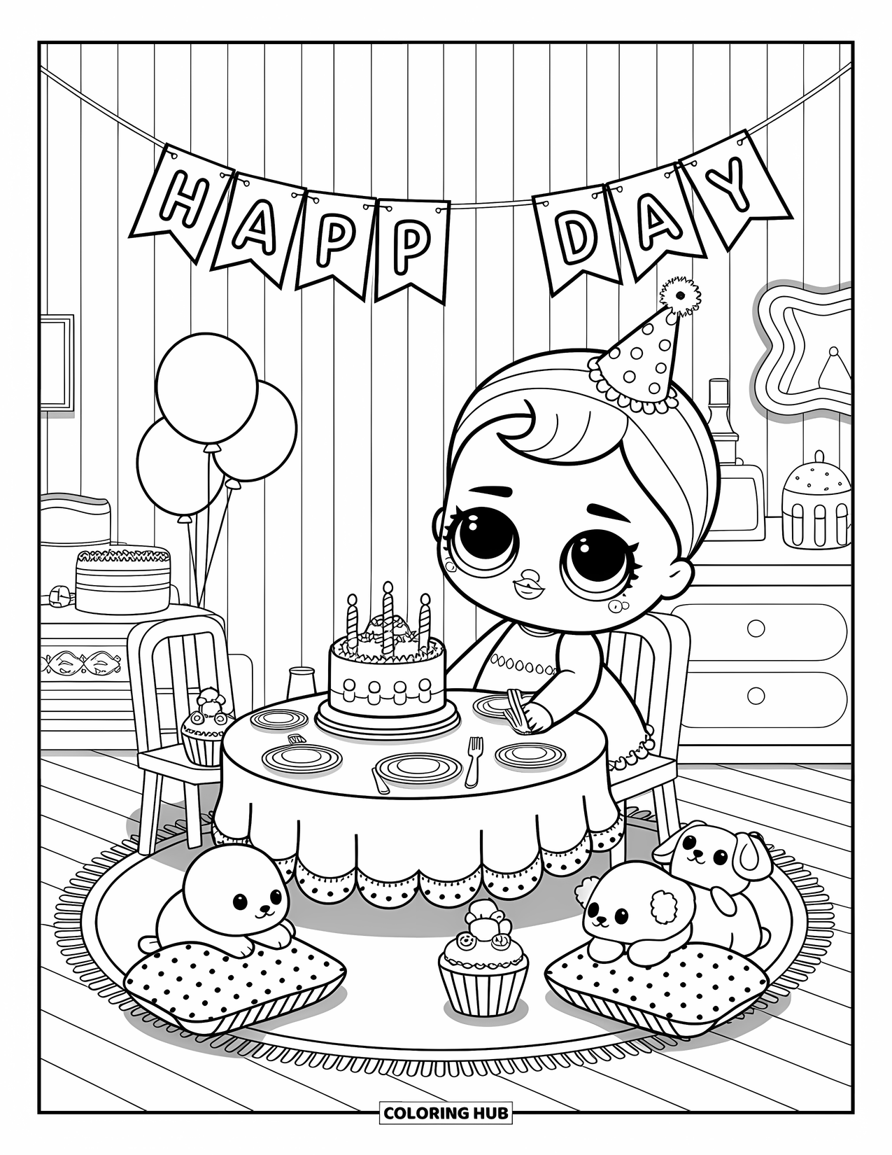 Baby Doll Coloring Page for Adults: A baby doll sits at her toy party table surrounded by treats and plush friends
