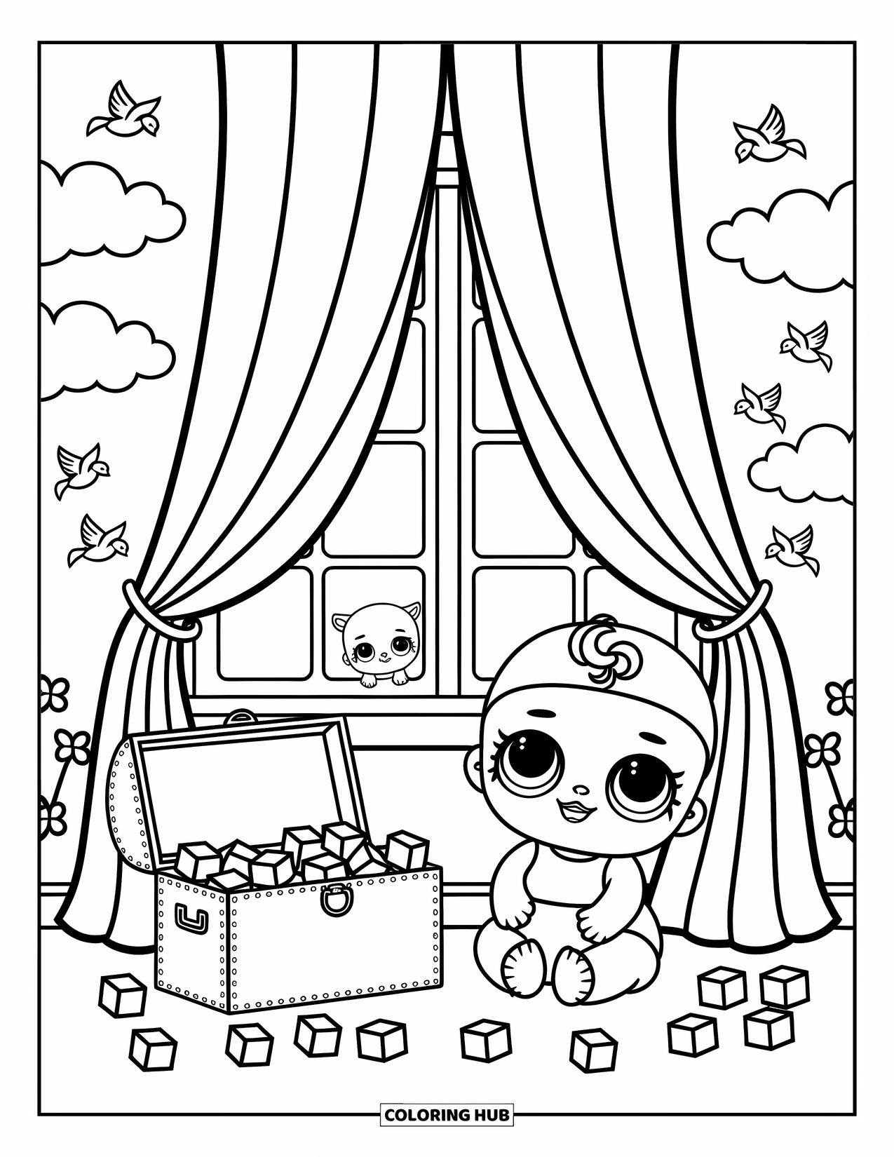Baby Doll Coloring Page for Adults: A baby doll smiles near the curtains while reaching for her hidden plush toy