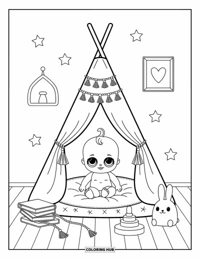 어른을 위한 아기 인형 색칠공부: 아기 인형이 쿠션과 부드러운 장난감으로 가득한 놀이 텐트 안에 포근히 있는 모습