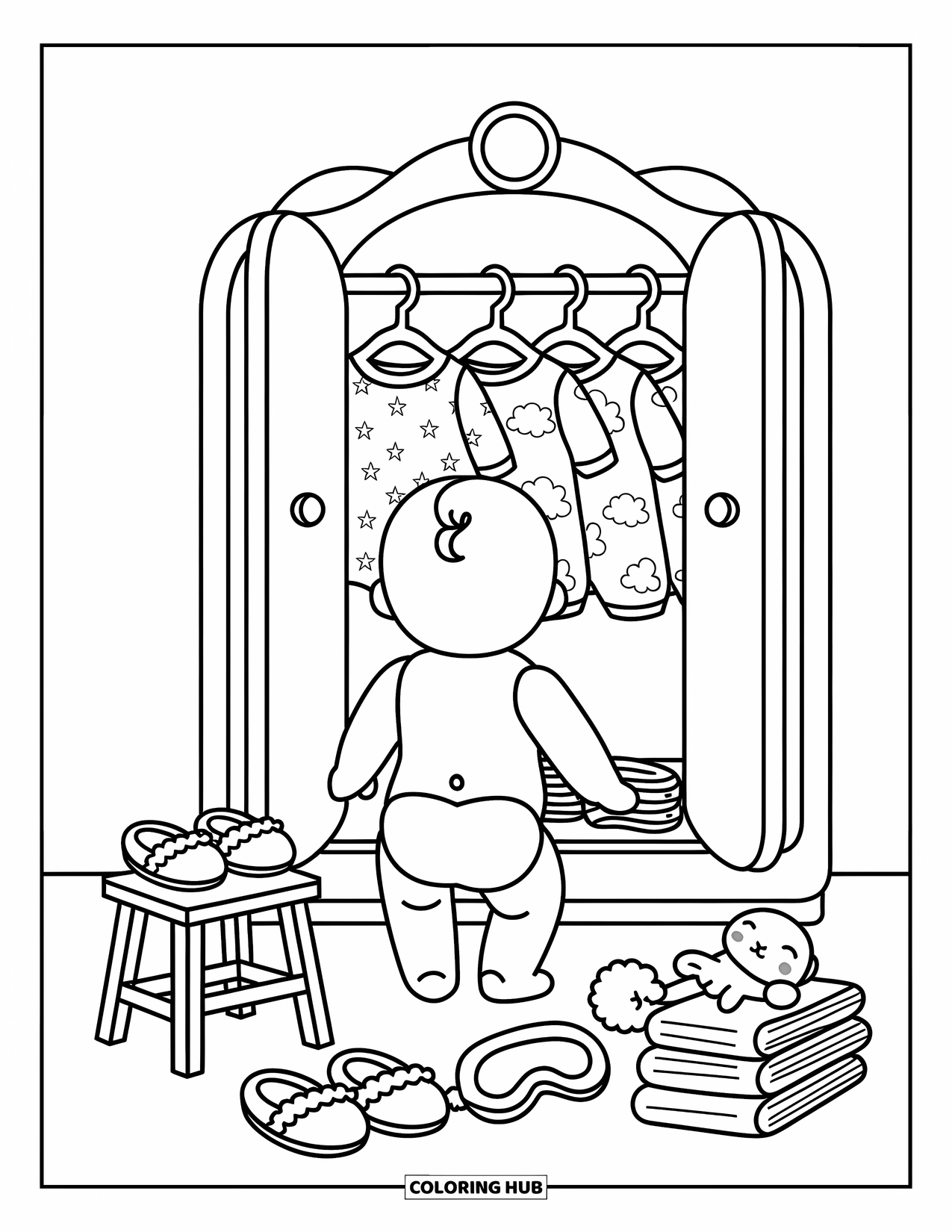 Baby Doll Coloring Page for Adults: A baby doll stands by her wardrobe with pajamas and slippers neatly arranged