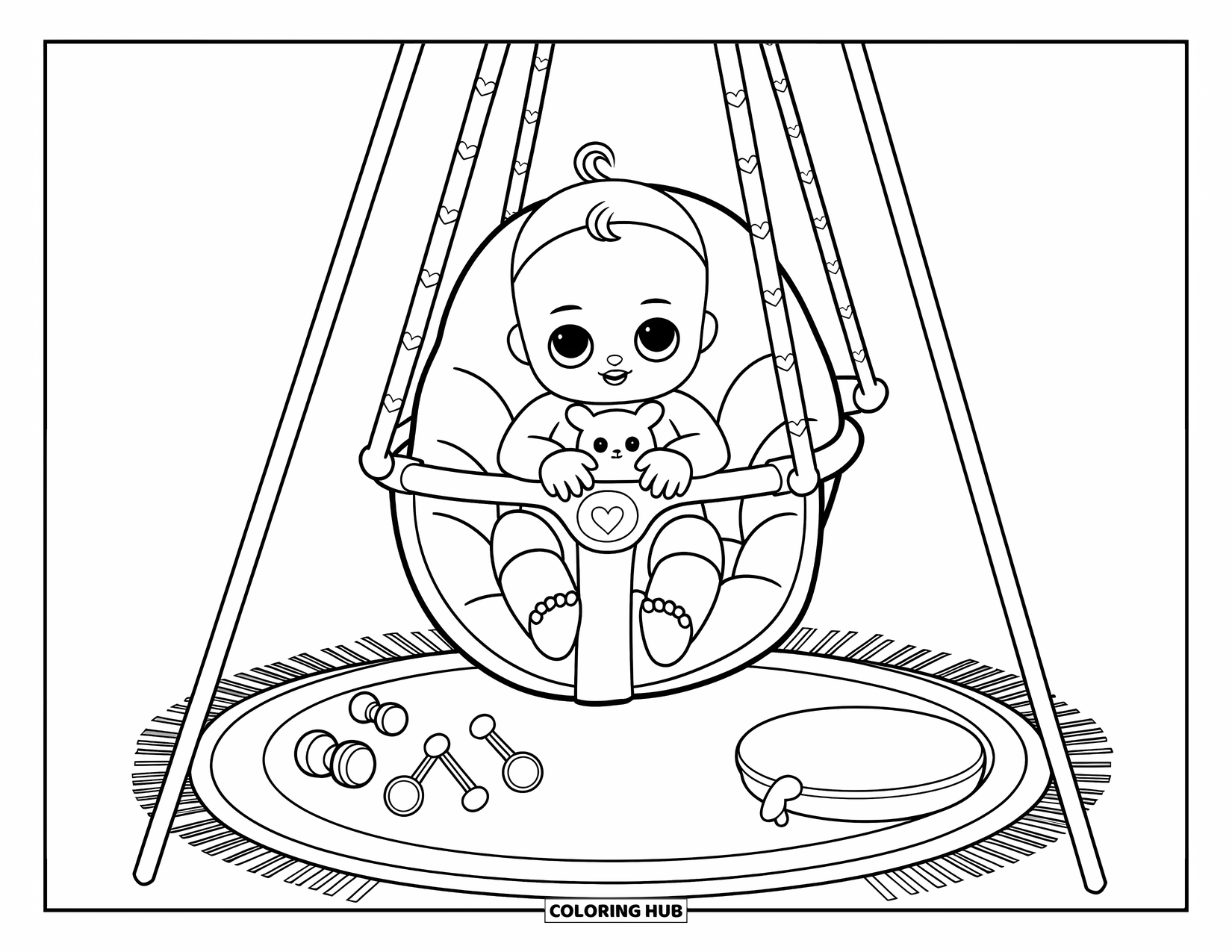 Baby Doll Coloring Page for Adults: A baby doll swings happily in her cushioned indoor swing holding a soft plush toy