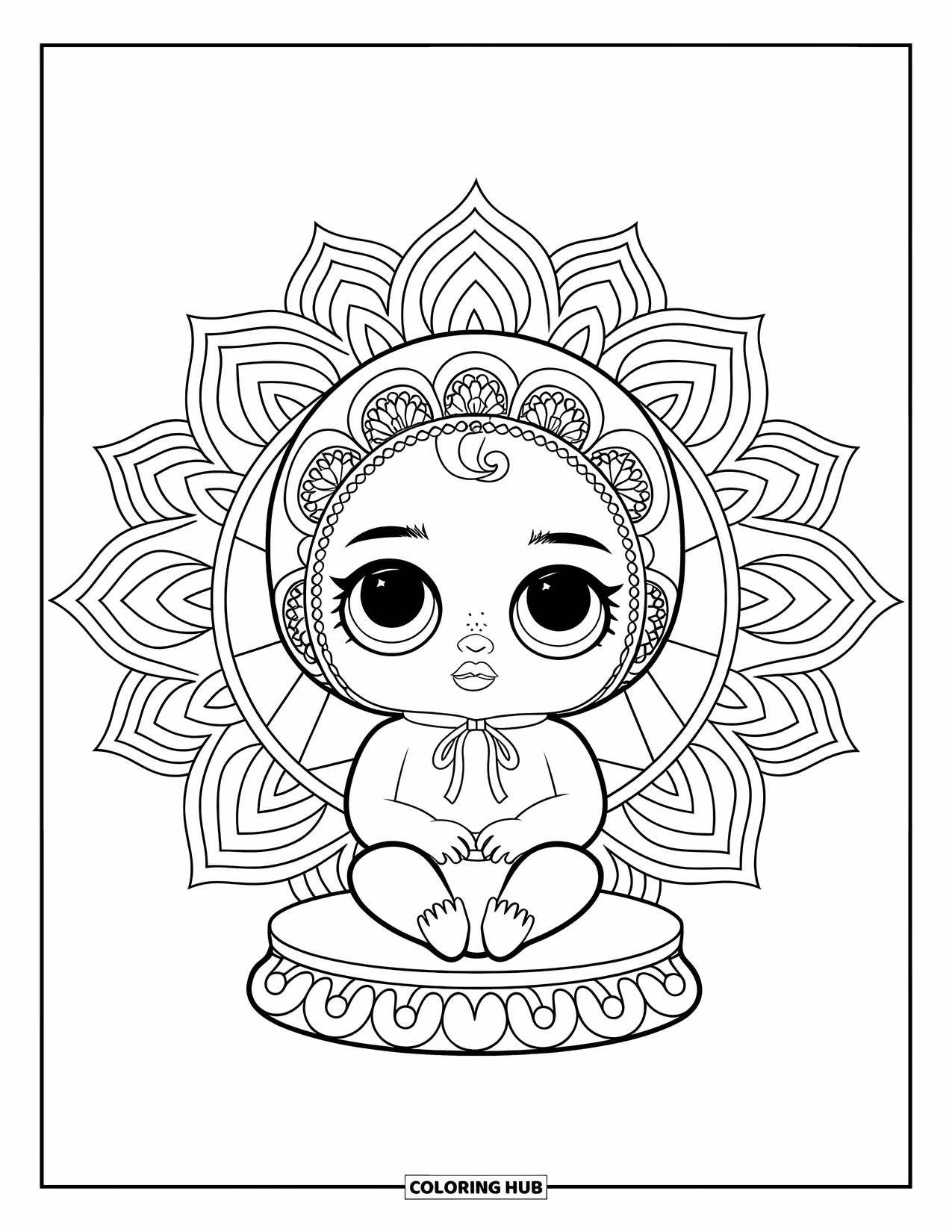 Baby Doll Coloring Page for Adults: A baby doll wearing a lace bonnet sits framed by a lotus mandala