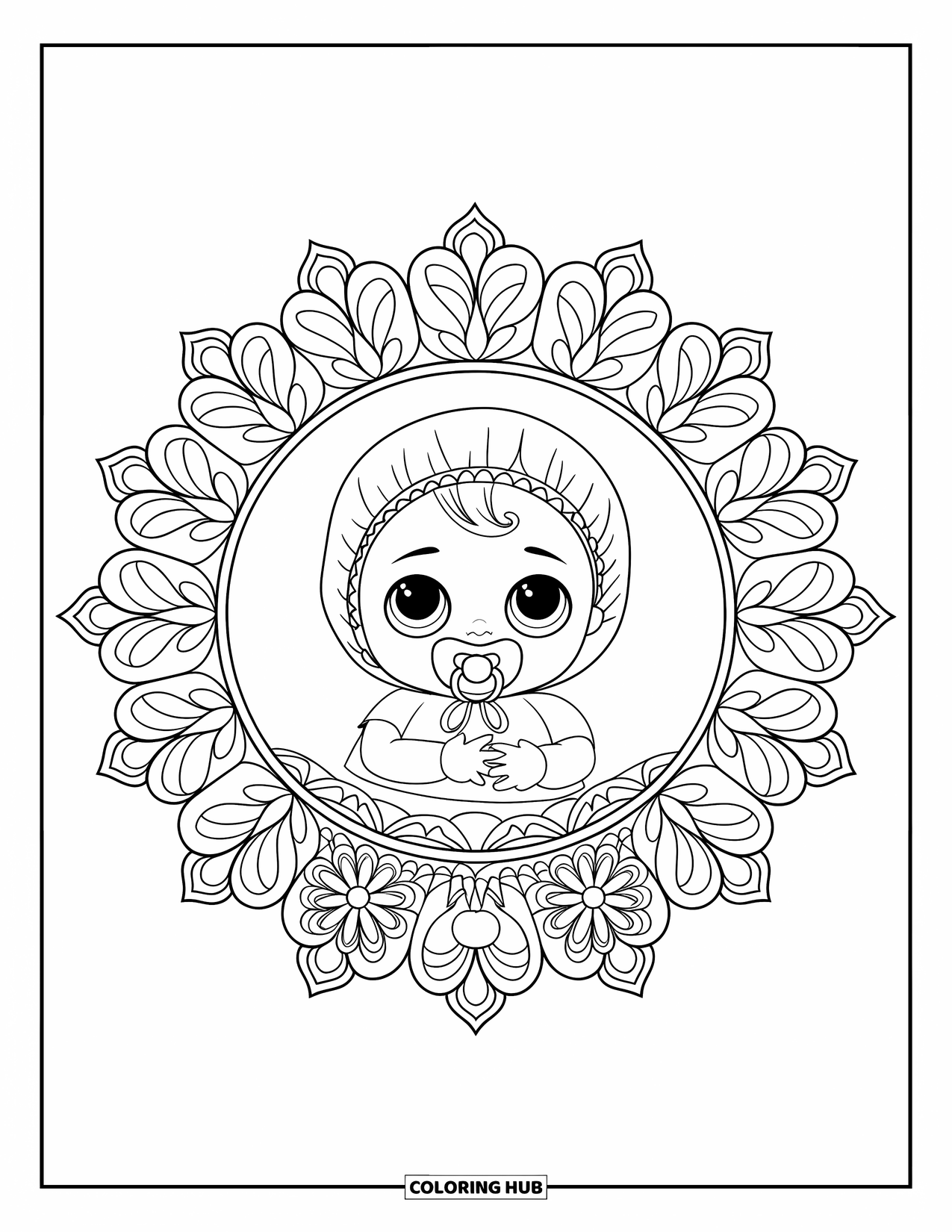 Baby Doll Coloring Page for Adults: A baby doll with her pacifier sits inside a ring of floral mandalas