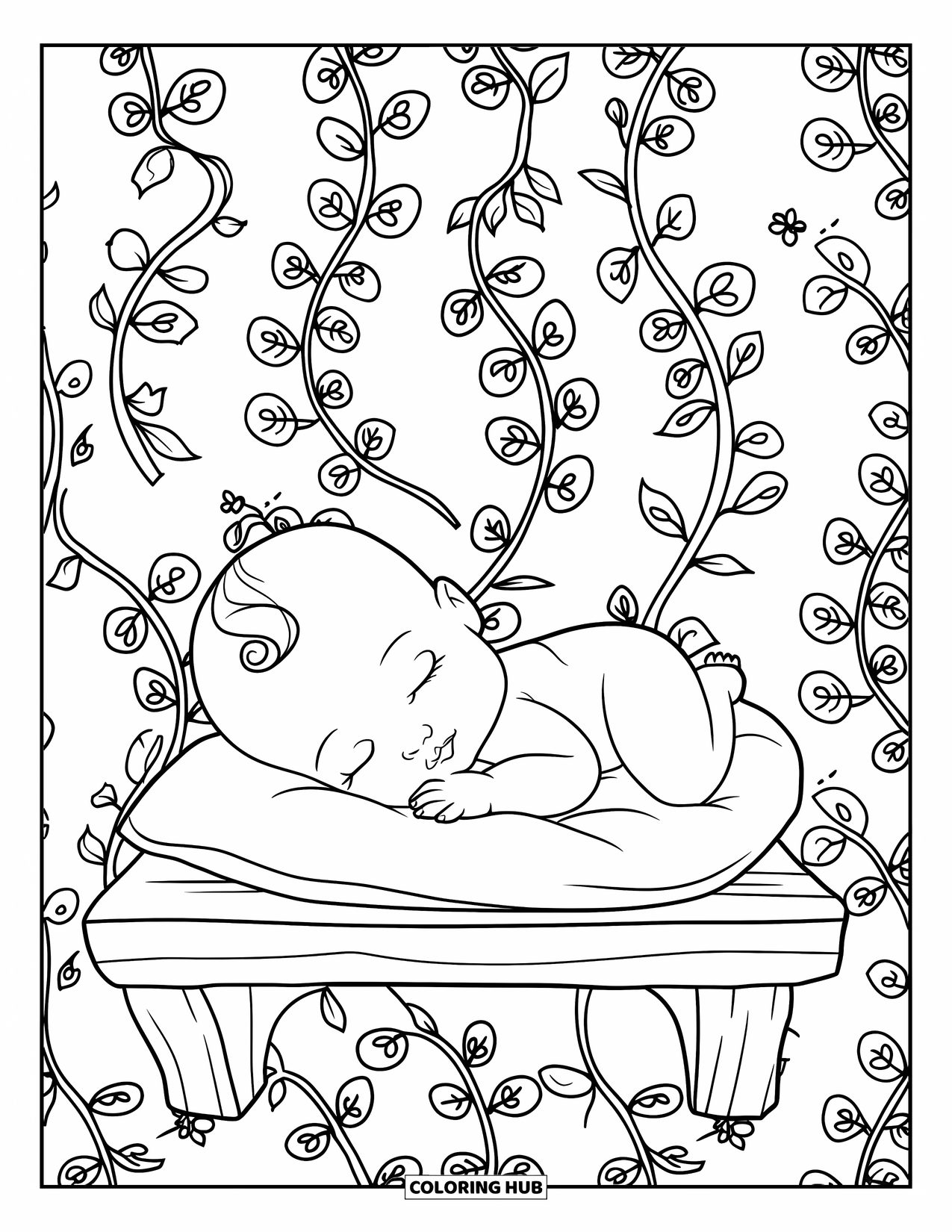 Baby Doll Coloring Page for Adults: A sleeping baby doll rests atop a pillow framed by curling vines