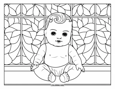 어른을 위한 아기 인형 색칠공부: 빈티지 아기 인형이 잎사귀 무늬 스테인드글라스 창문 앞에 조용히 앉아 있는 모습