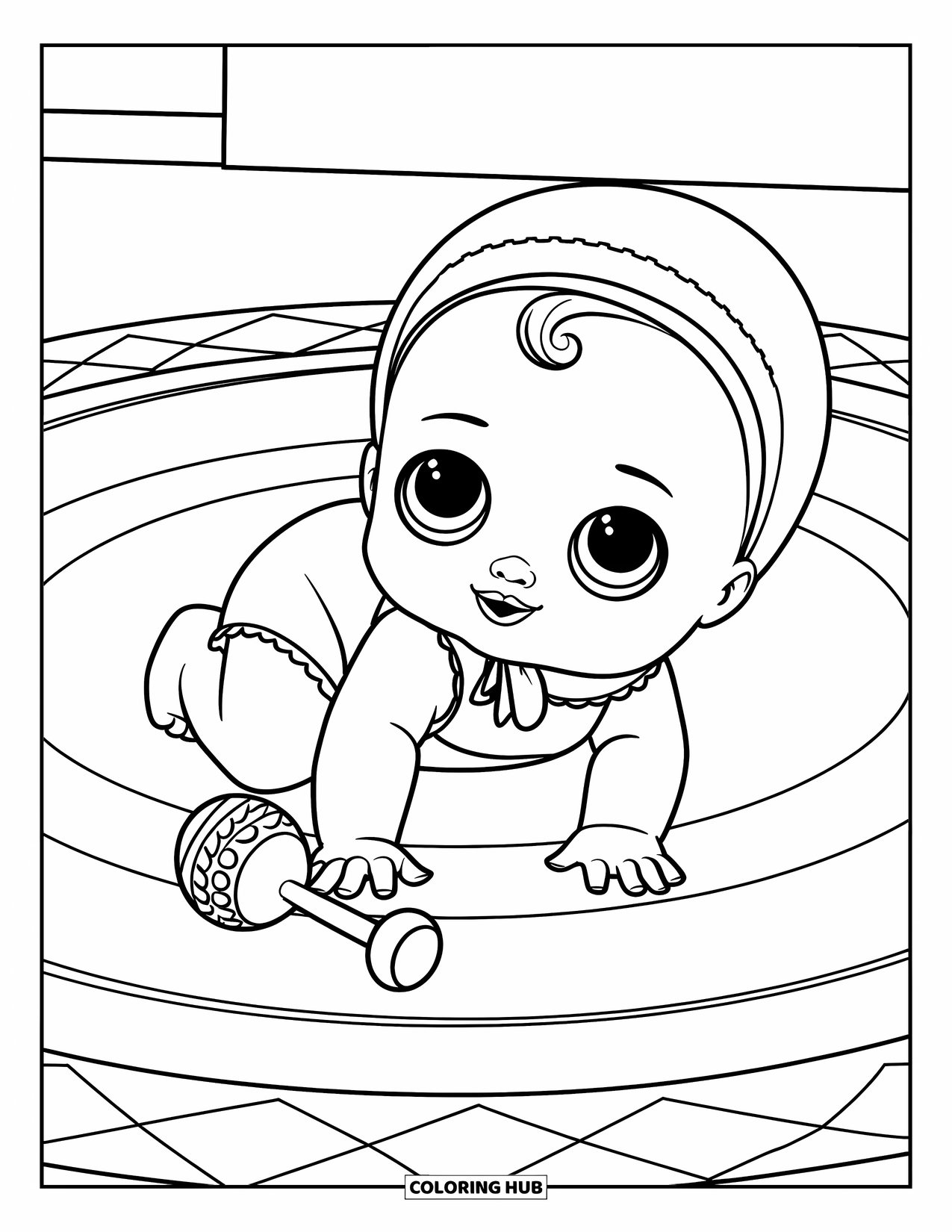 Baby Doll Coloring Page for Kids: A baby doll crawls cheerfully across her patterned rug