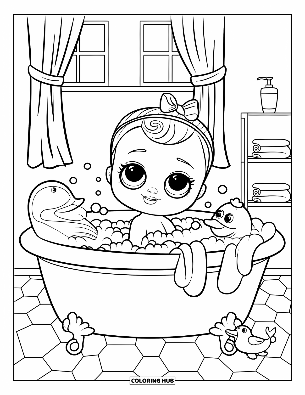 Baby Doll Coloring Page for Kids: A baby doll giggles in her bubble bath surrounded by floating toys