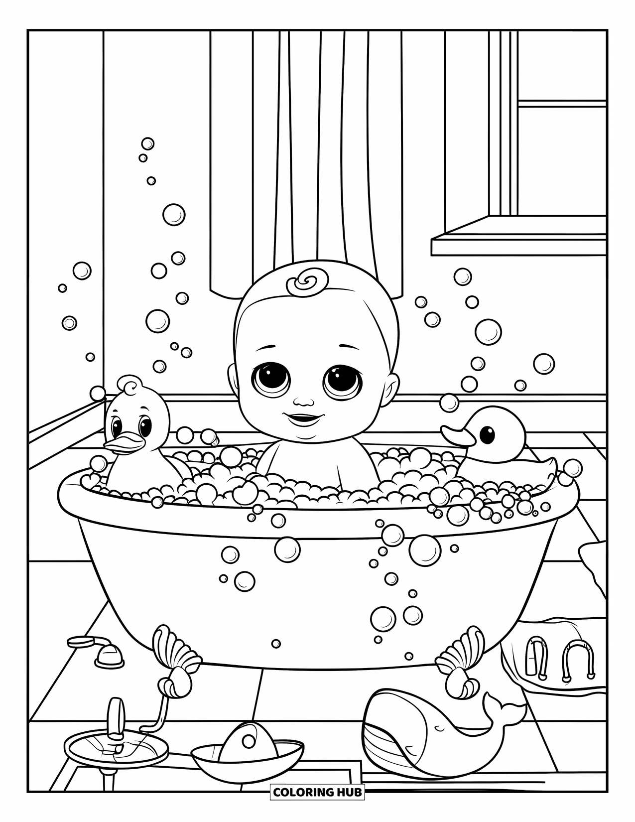 Baby Doll Coloring Page for Kids: A baby doll plays with bath toys while sitting in her bubbly tub