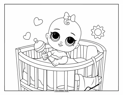 어린이를 위한 아기 인형 색칠공부: 아기 인형이 장난감, 하트, 부드러운 담요로 둘러싸인 아기 침대에서 쉬는 모습