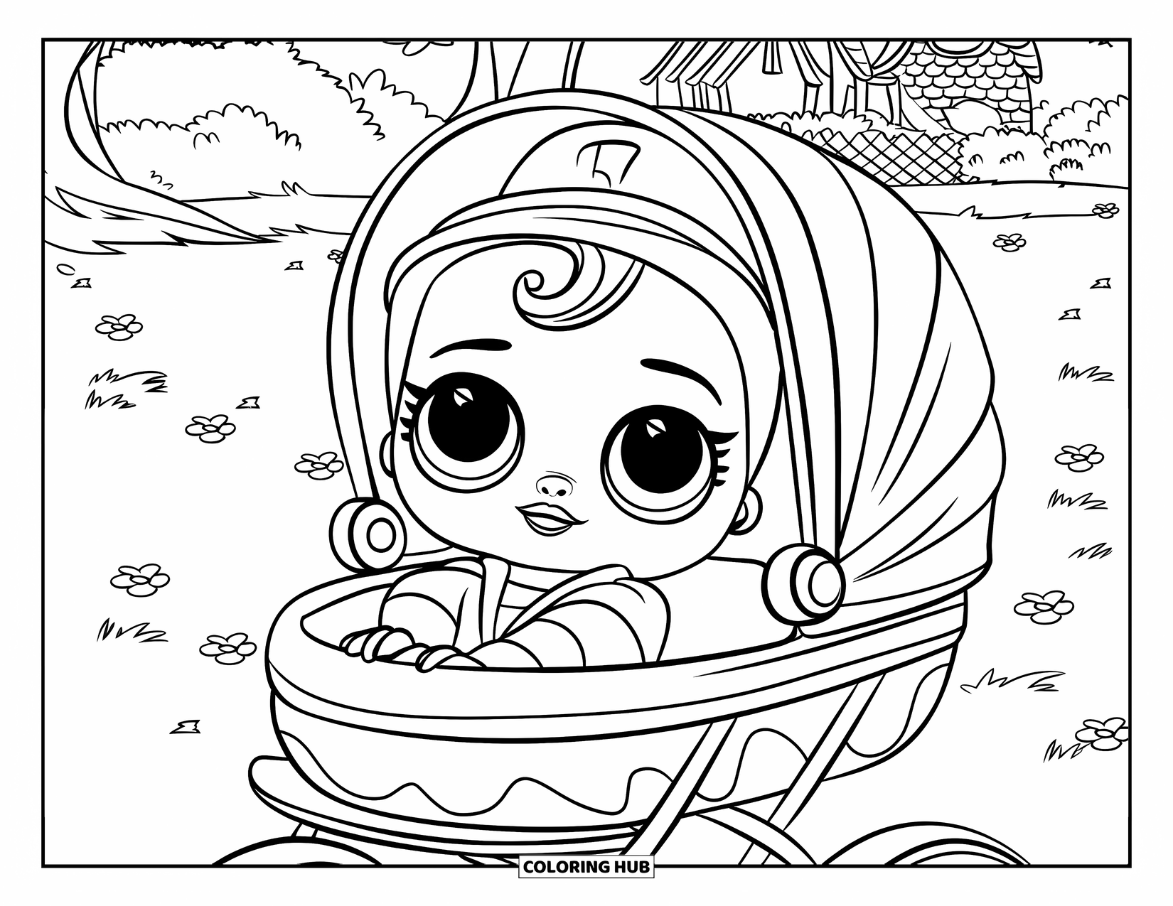 Baby Doll Coloring Page for Kids: A baby doll rests in her stroller under the sun near a cozy cottage