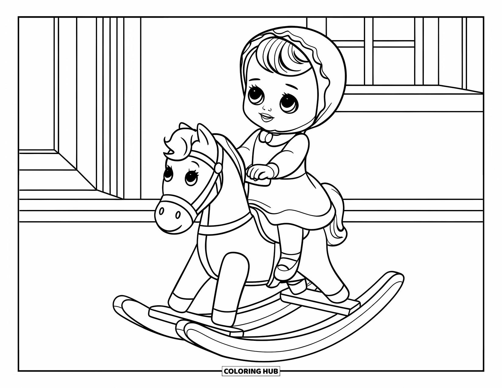 Baby Doll Coloring Page for Kids: A baby doll rides her toy horse happily beside a window