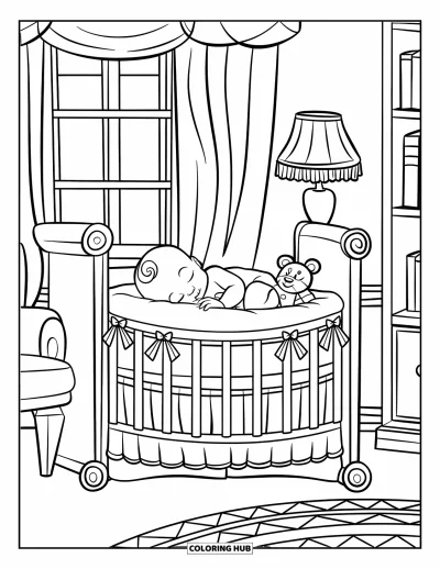 어린이를 위한 아기 인형 색칠공부: 아기 인형이 창문 빛 아래에서 봉제 곰 인형과 함께 잠든 모습