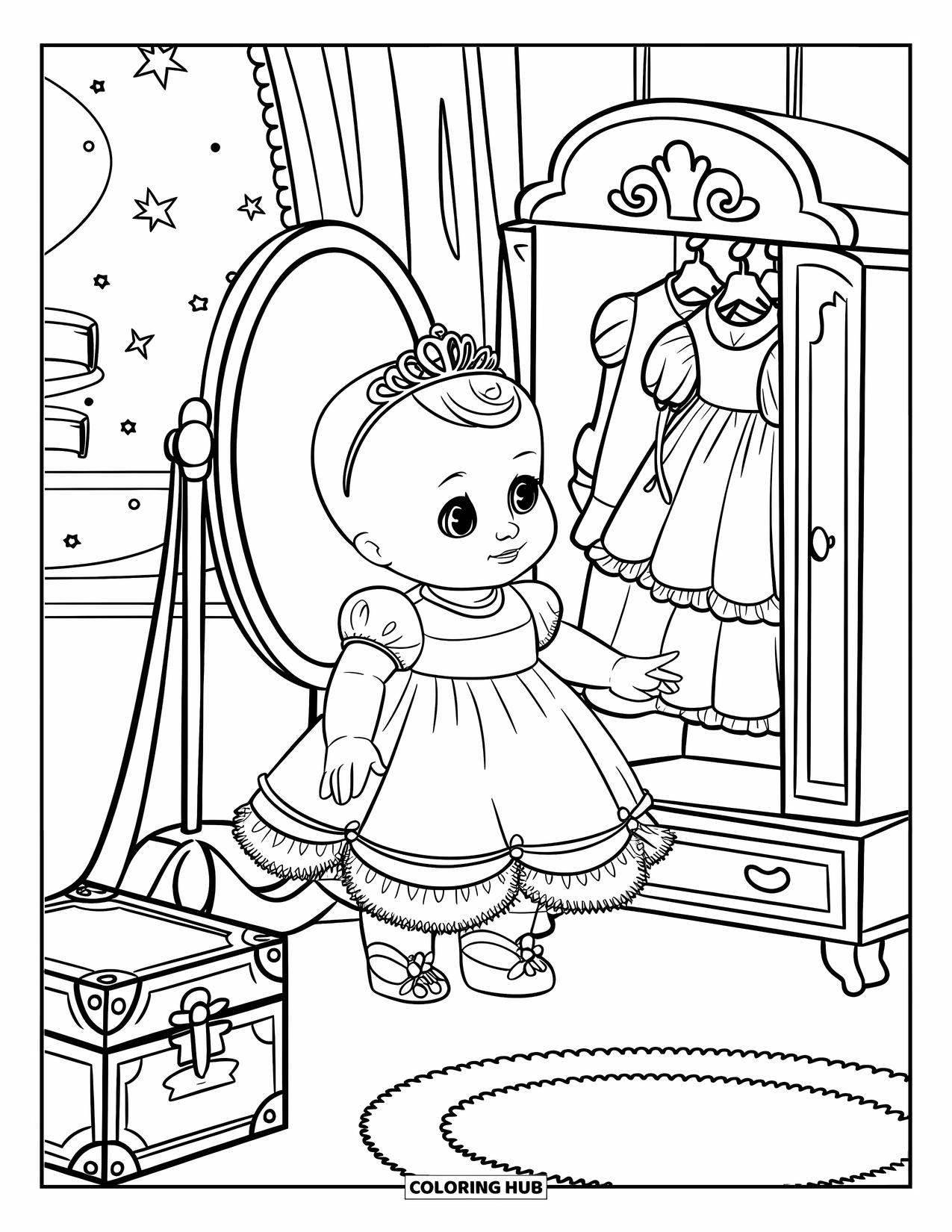Baby Doll Coloring Page for Kids: A baby doll smiles in her playroom mirror wearing her favorite princess dress