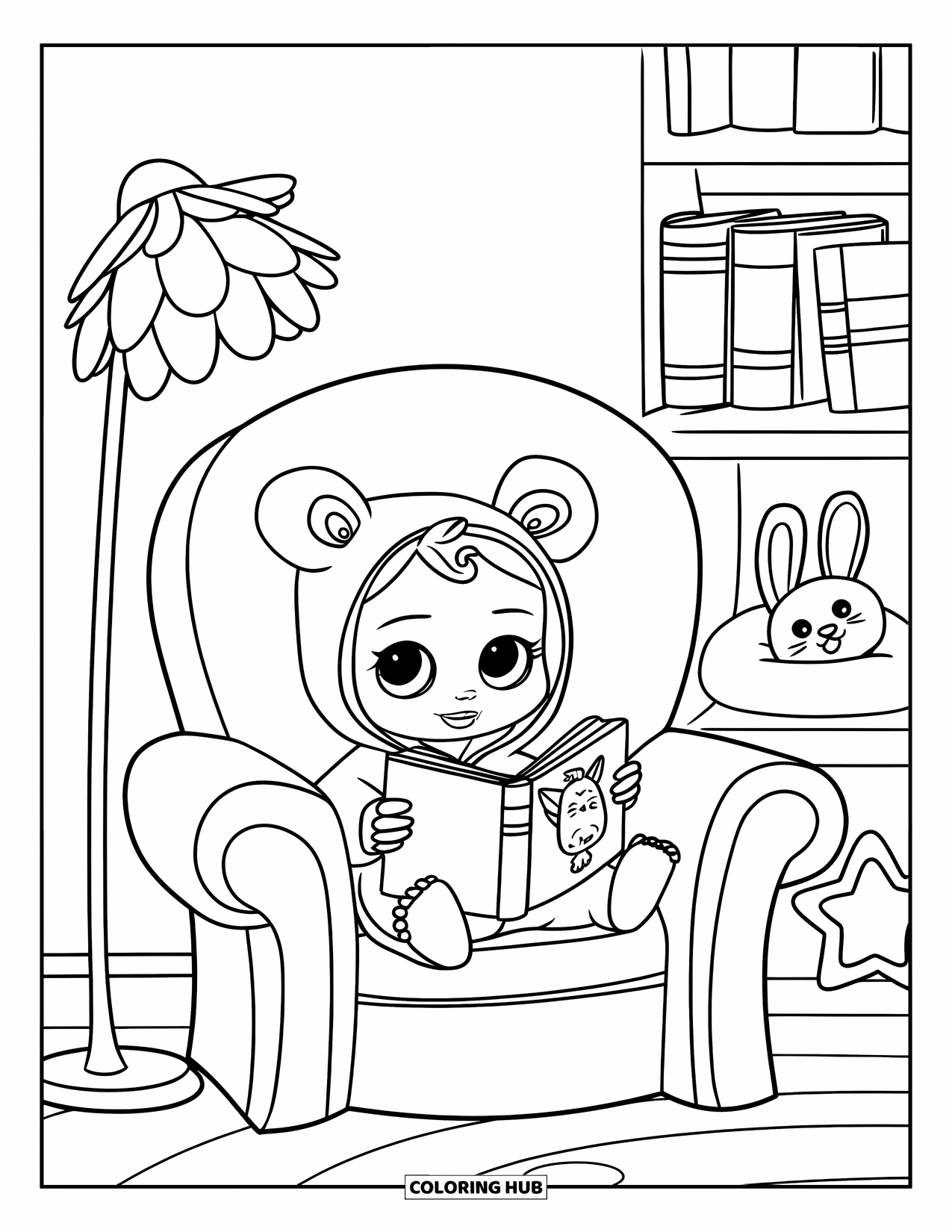 Baby Doll Coloring Page for Kids: A baby doll snuggles in her chair reading a bedtime story under a warm lamp