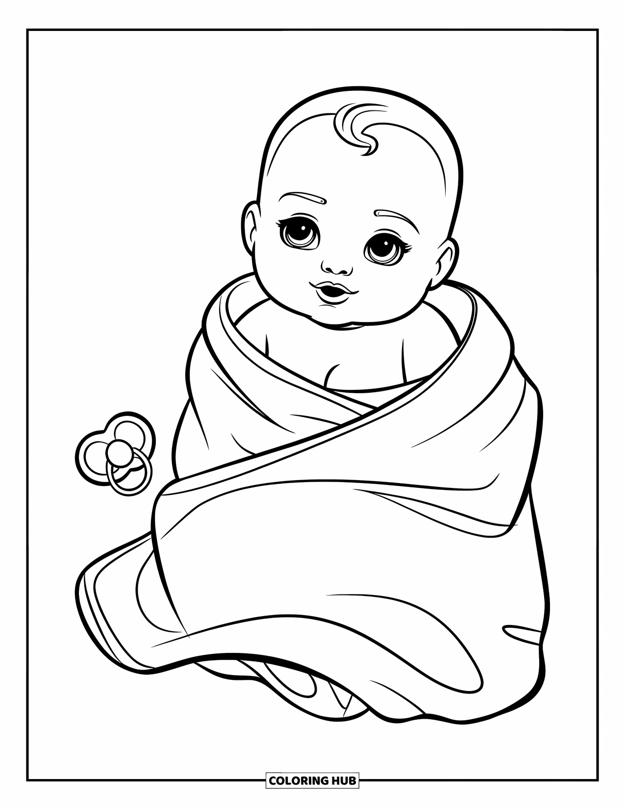 Baby Doll Coloring Page for Kids: A baby doll wrapped snugly in her blanket sleeps beside her pacifier