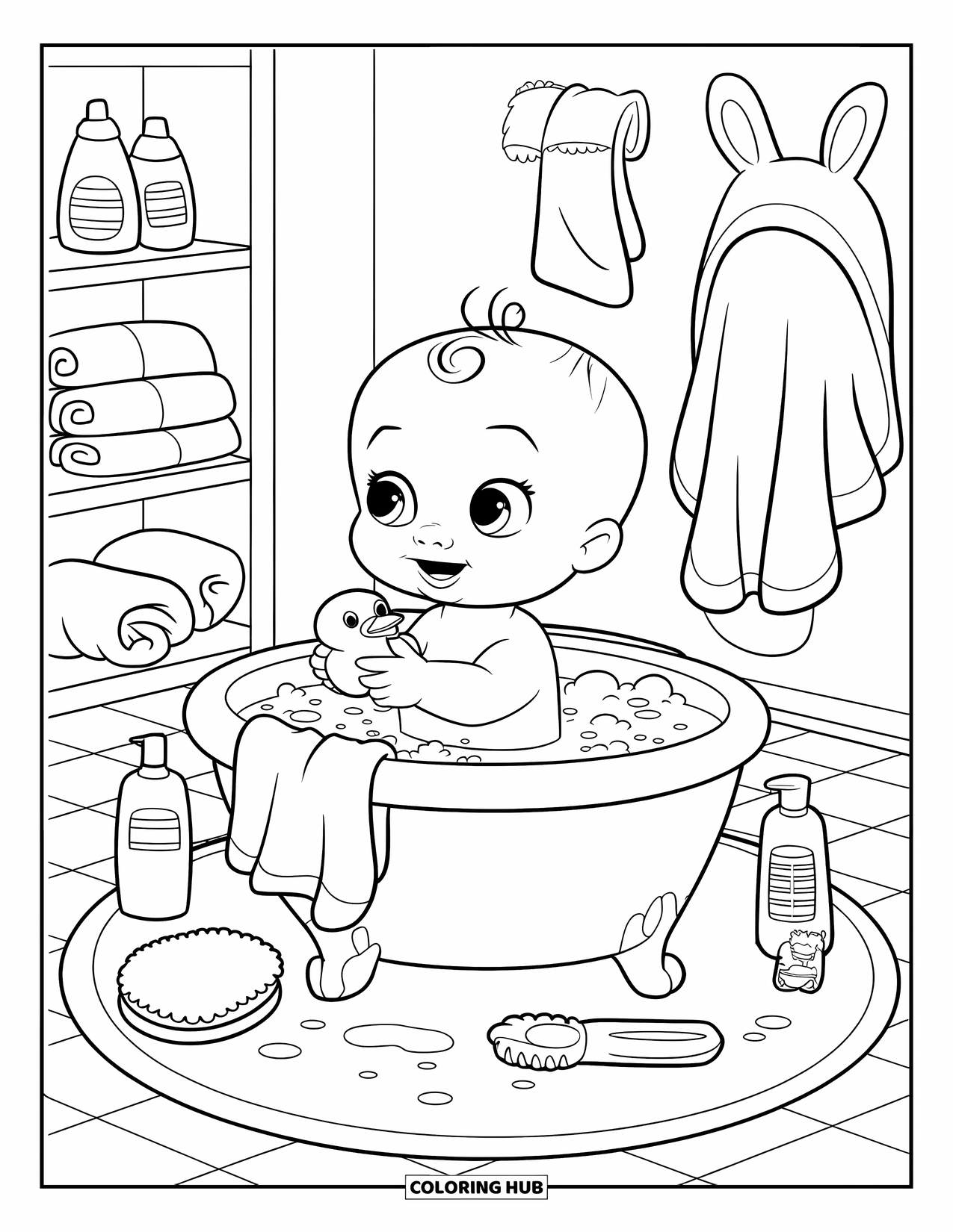 Baby Doll Coloring Page for Kids: A baby giggles in her tub of bubbles with her toy duck and sponge nearby