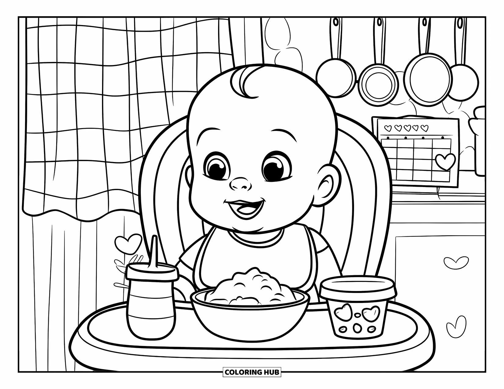 Baby Doll Coloring Page for Kids: A baby sits happily in a high chair with mashed potatoes and a sippy cup
