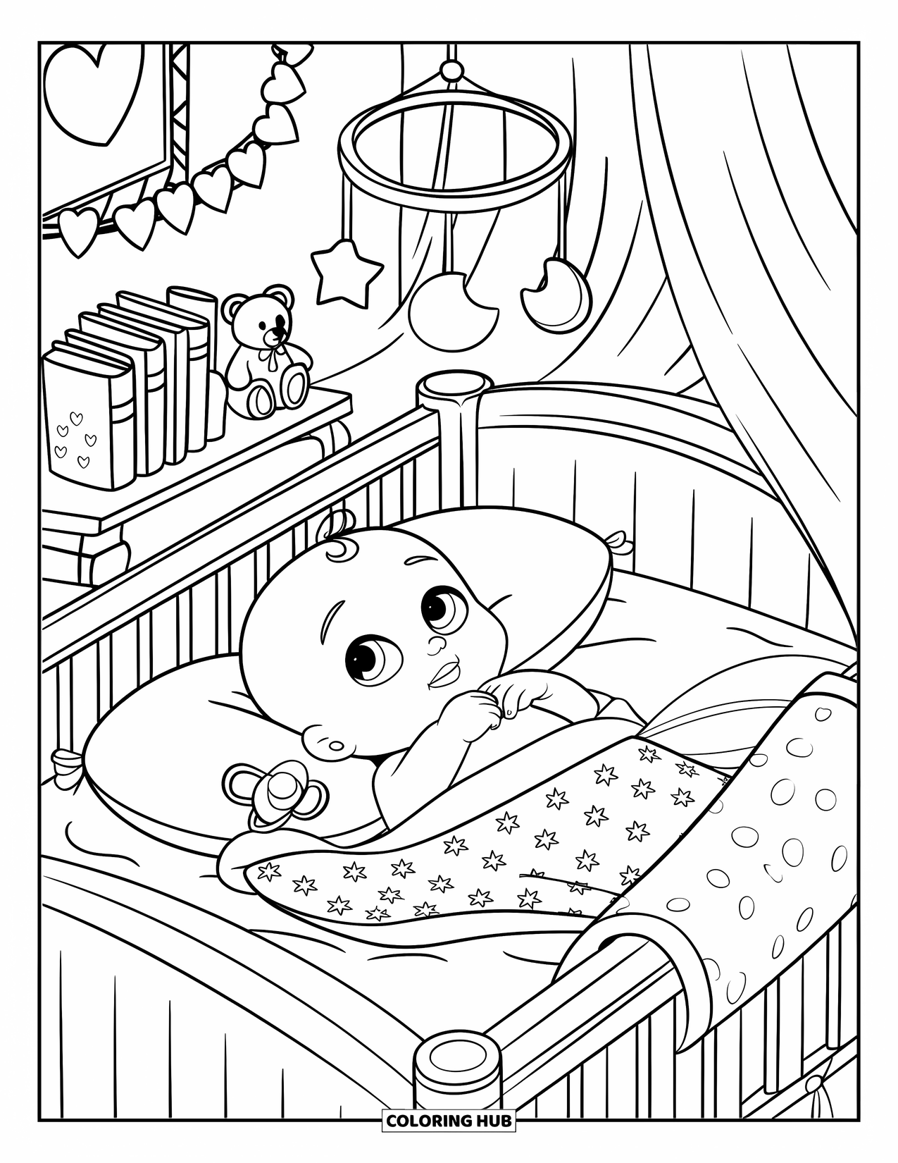 Baby Doll Coloring Page for Kids: A baby sleeps soundly in her crib under string lights and storybooks