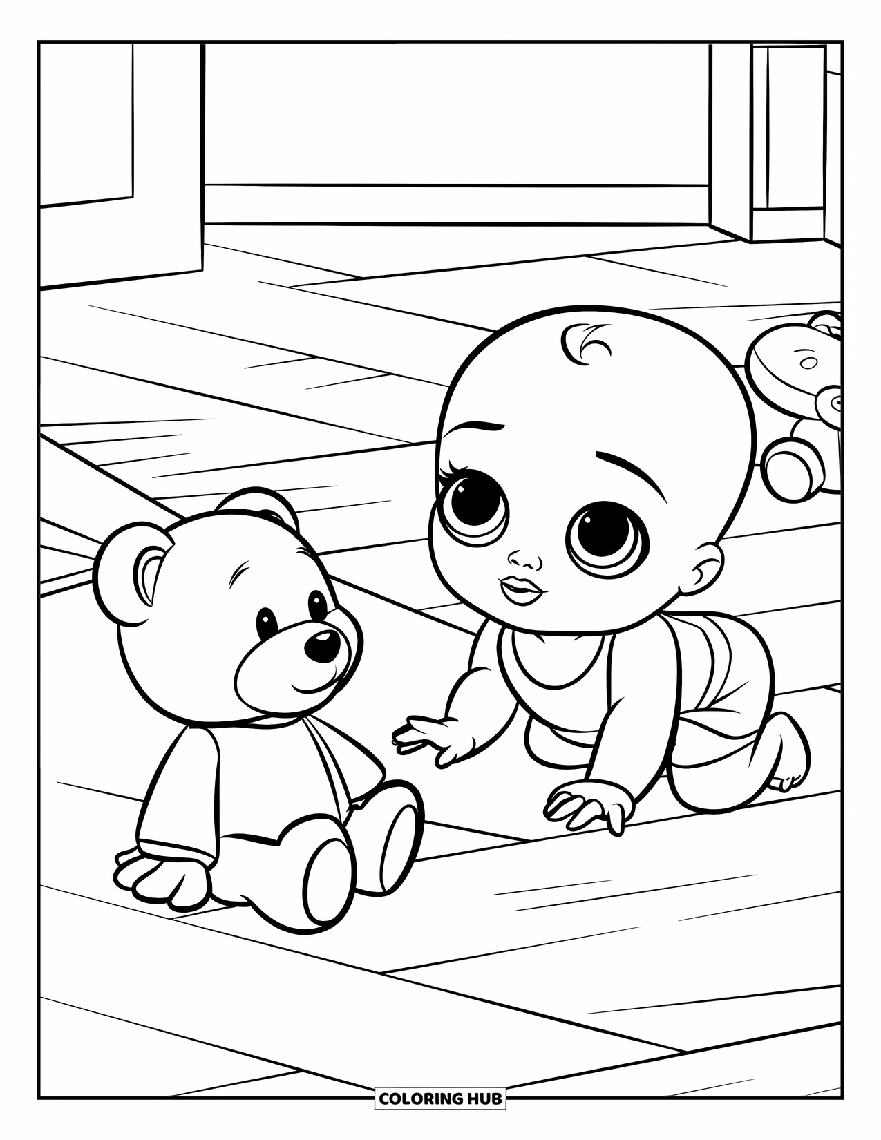 Baby Doll Coloring Page for Kids: A curious baby doll crawls to hug her teddy on the wooden floor