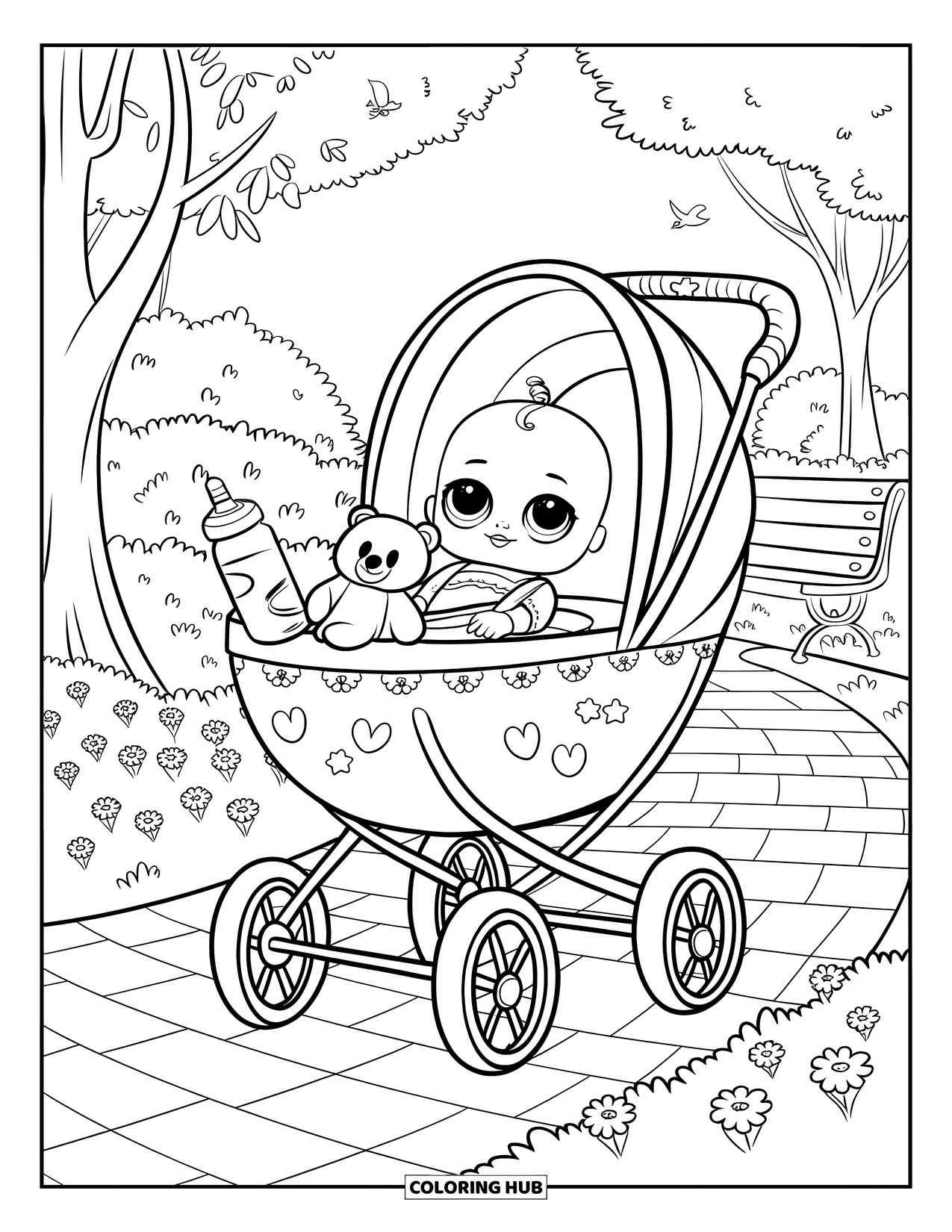 Baby Doll Coloring Page for Kids: A happy baby doll enjoys a stroller ride in the park with her teddy bear