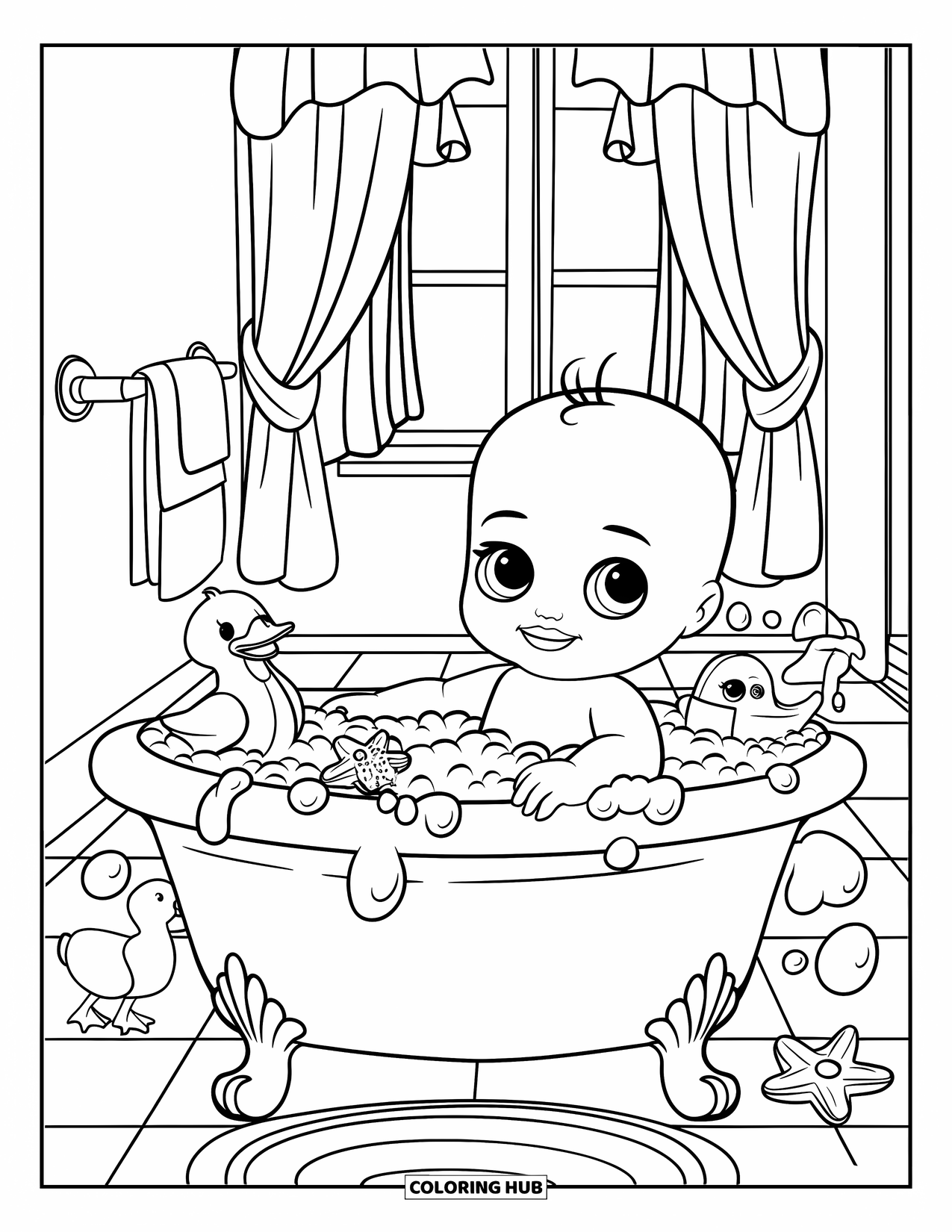 Baby Doll Coloring Page for Kids: A smiling baby doll splashes in her bath with ducks and bubbles