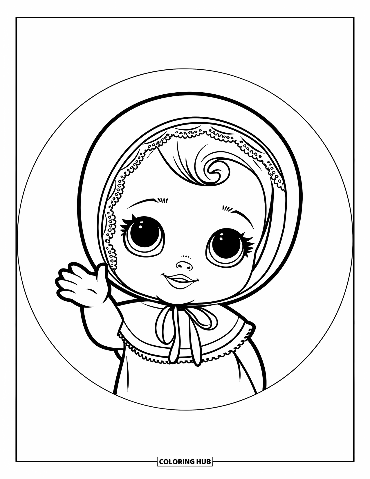 Baby Doll Coloring Page for Kids: A smiling baby doll waves from her seat surrounded by flowers
