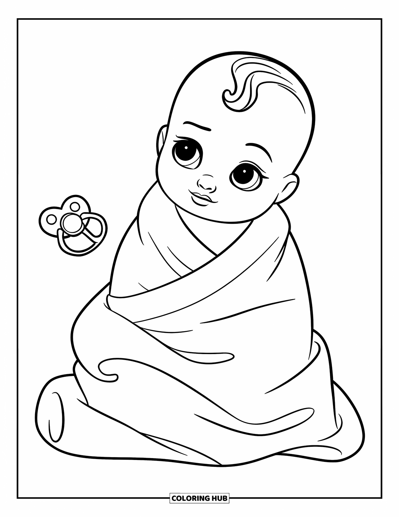 Baby Doll Coloring Page for Kids: A swaddled baby doll rests peacefully with her pacifier nearby