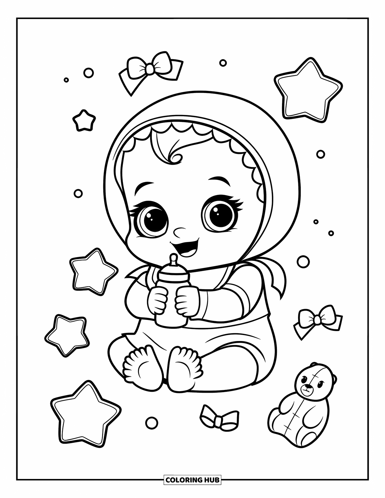 Baby Girl Coloring Page for Adults: A baby girl in a bonnet and bib holds a tiny bottle with stars around