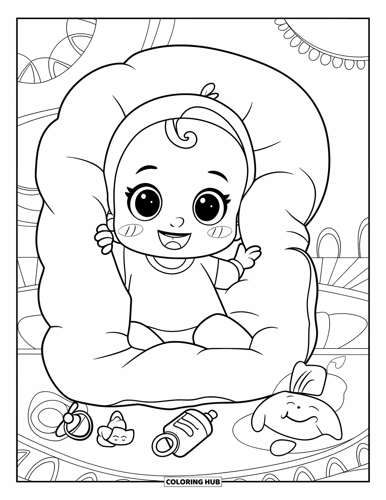 Baby Girl Coloring Page for Adults: A baby girl plays peekaboo behind a pillow with toys nearby