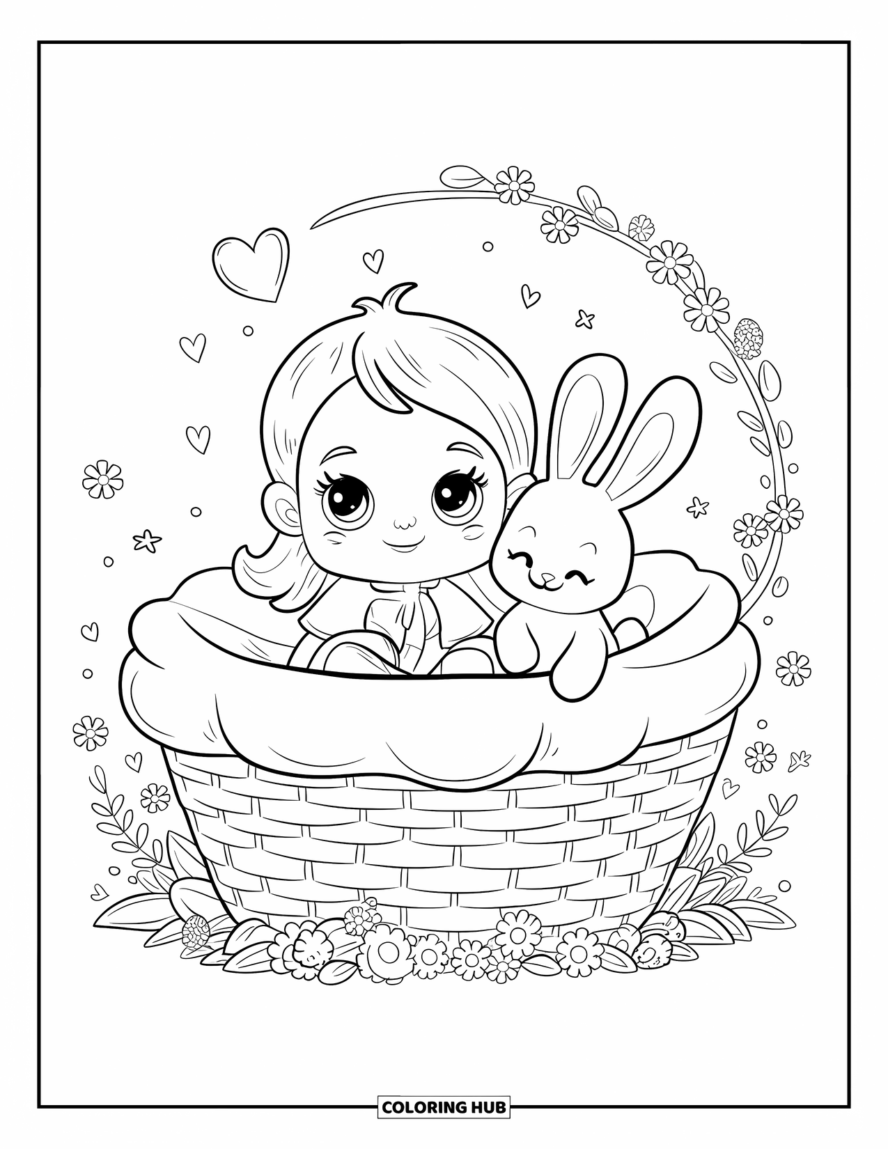 Baby Girl Coloring Page for Adults: A baby girl rests in a basket with hearts and tiny flowers around her