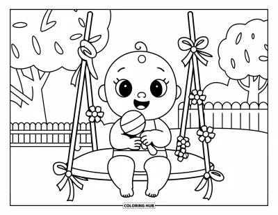 Målarbild med bebisflicka för vuxna: En bebisflicka sitter i en blommig gunga och håller sin favoritskallra