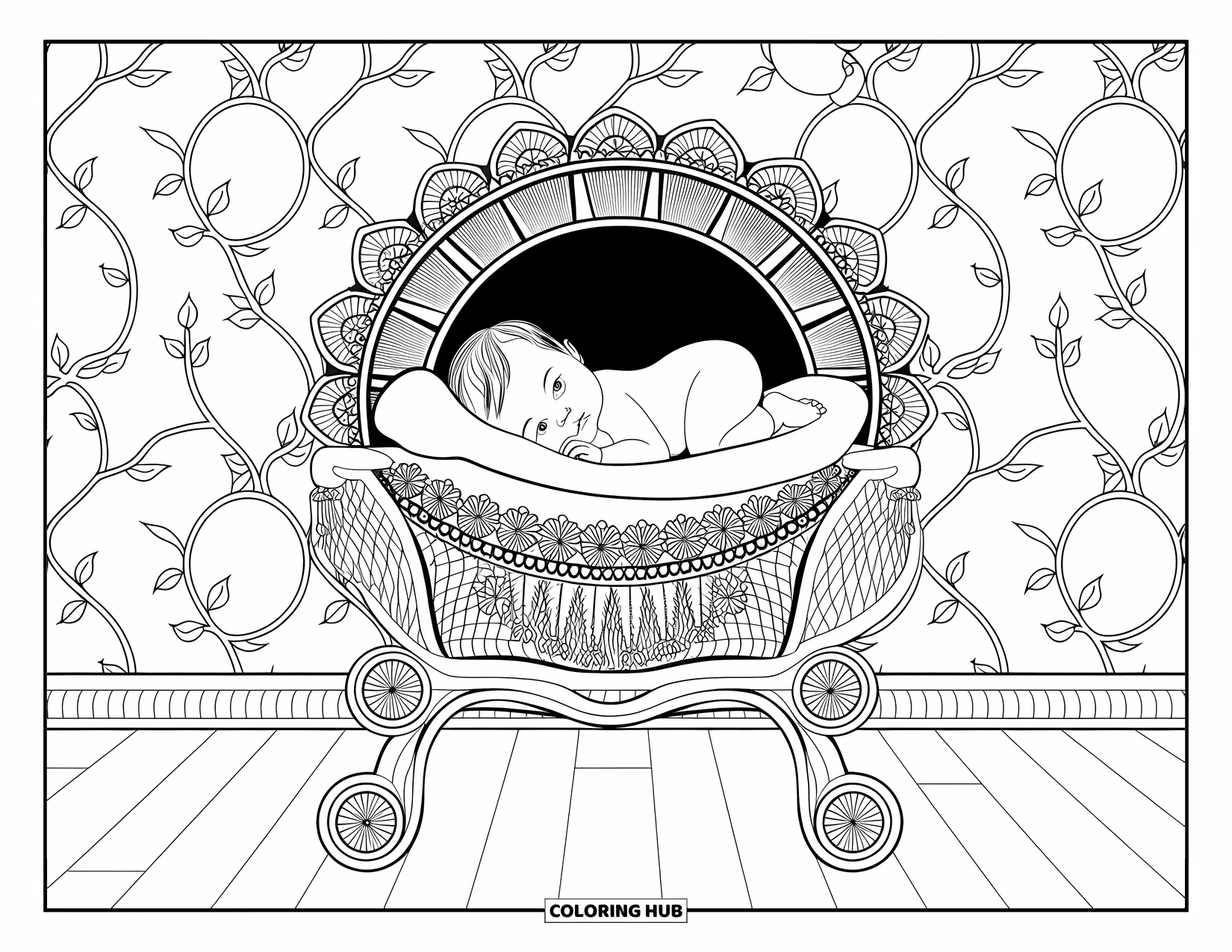 Baby Girl Coloring Page for Adults: A baby girl sleeps in a cradle bordered by vines and leaves
