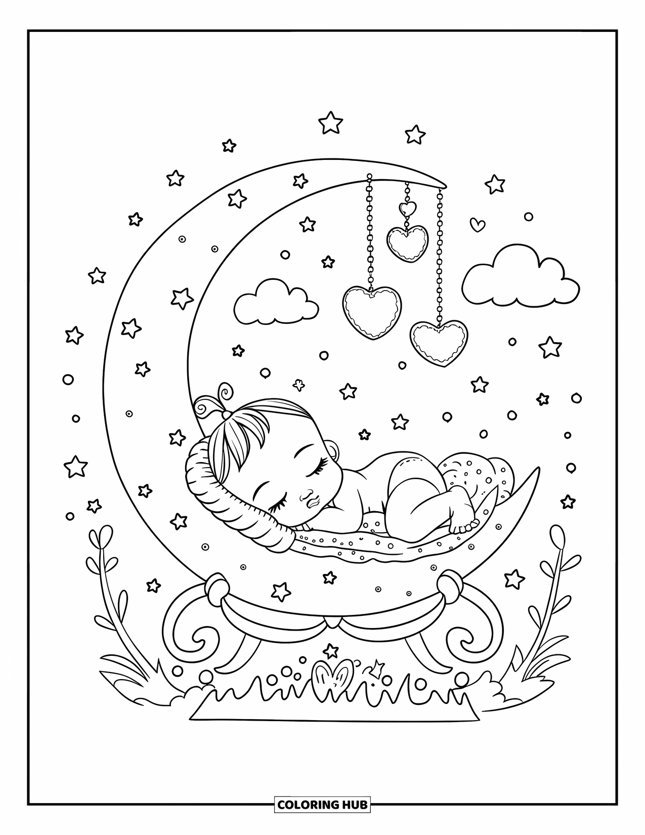 Baby Girl Coloring Page for Adults: A baby girl snoozes in a moon cradle beneath stars and soft clouds