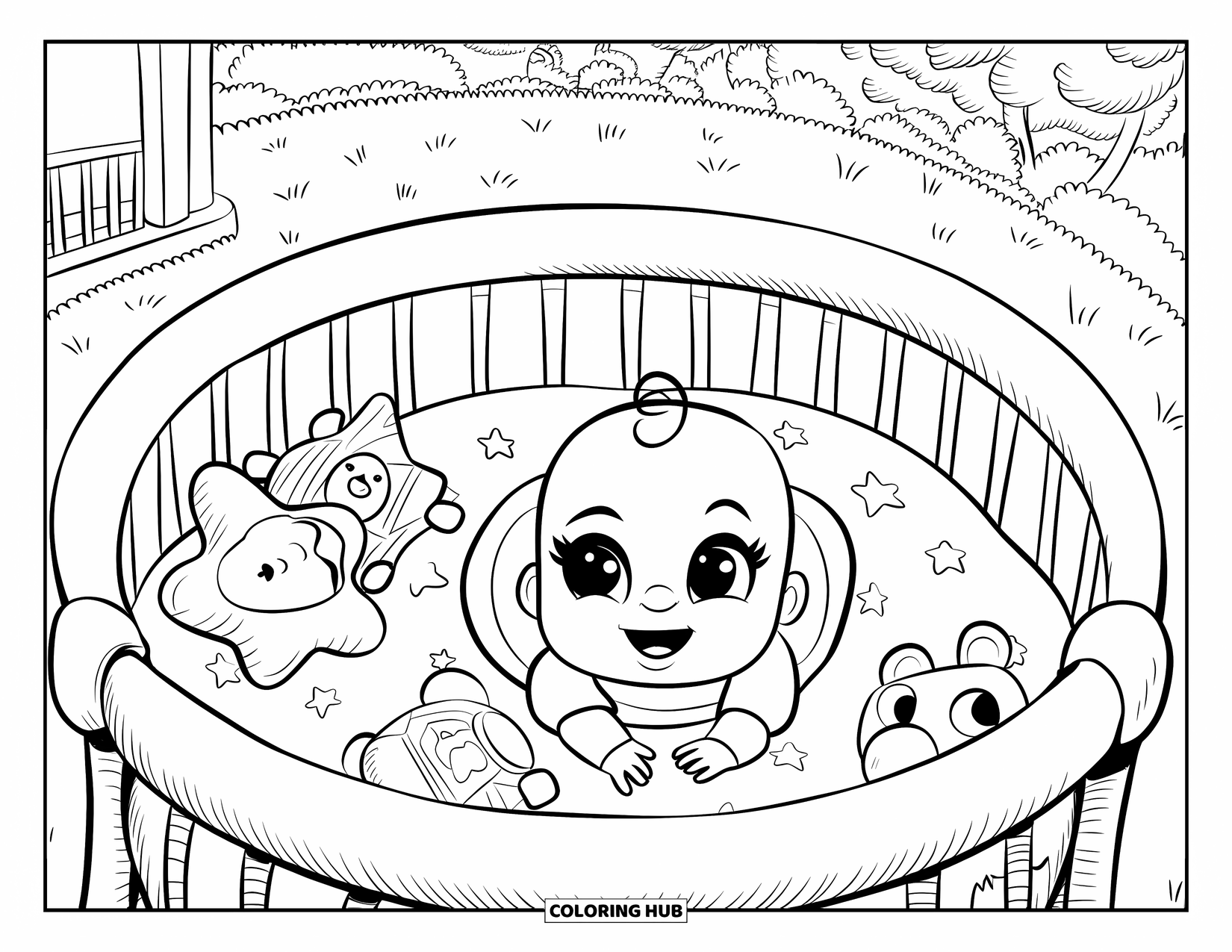 Baby Girl Coloring Page for Adults: A baby girl with big eyes giggles in a playpen near a house and trees