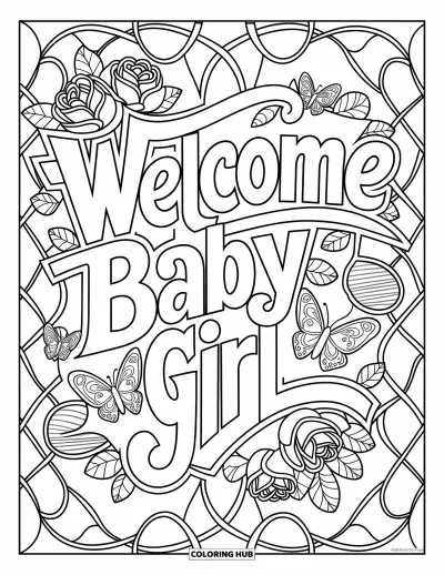 Målarbild med bebisflicka för vuxna: En blommig "Welcome Baby Girl"-design med rosor, rankor och fjärilar