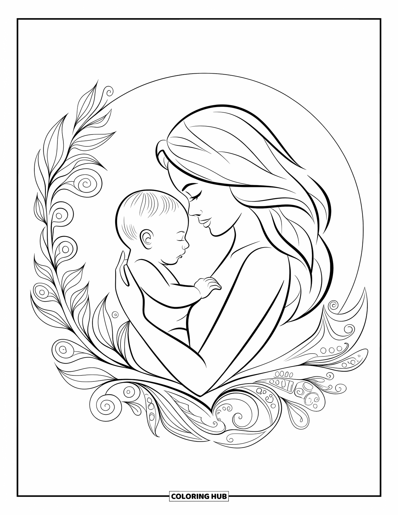 Baby Girl Coloring Page for Adults: A mother and baby rest peacefully within a circular floral design