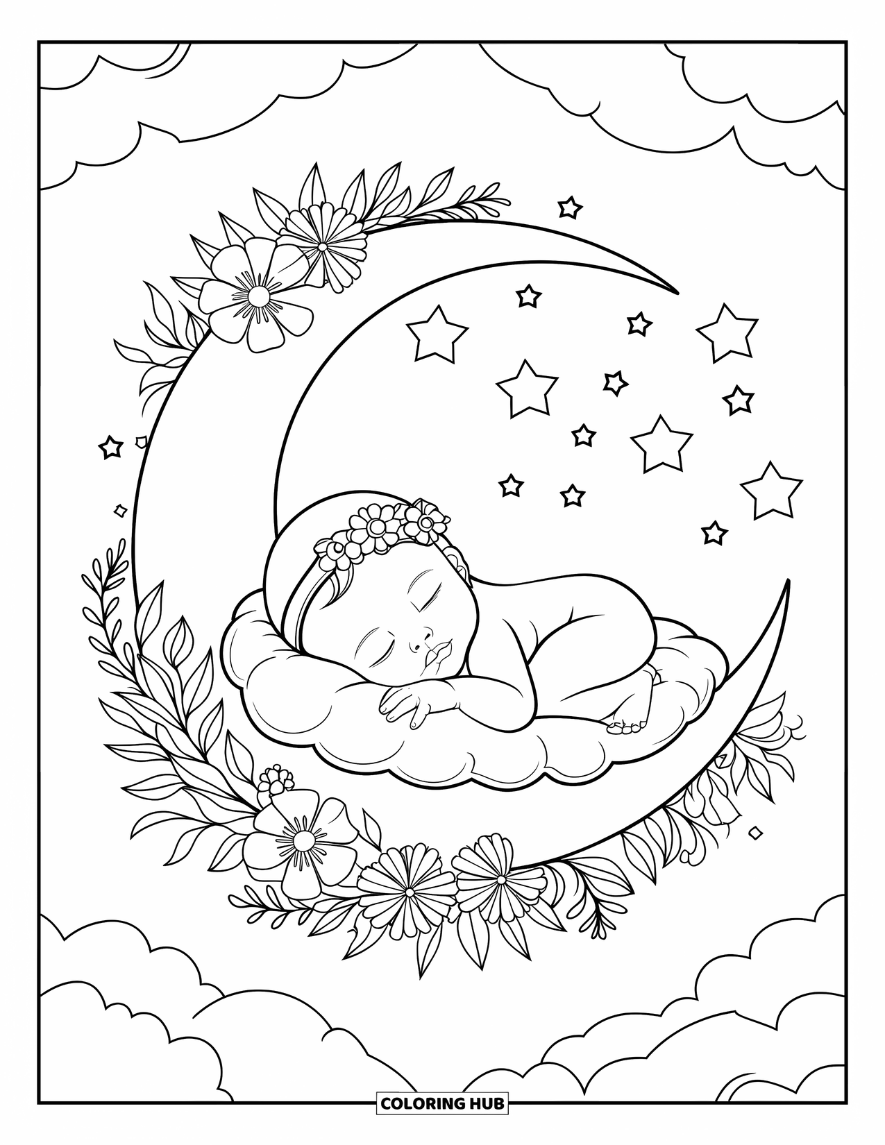 Baby Girl Coloring Page for Adults: A newborn baby sleeps inside a crescent moon among stars and flowers