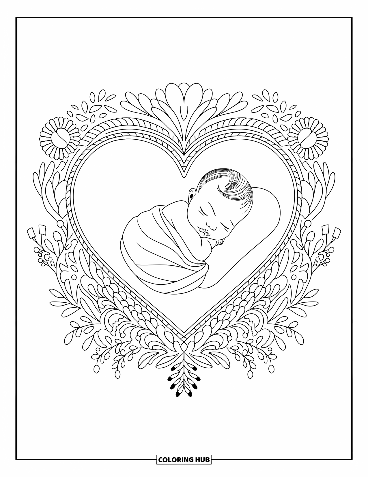 Baby Girl Coloring Page for Adults: A swaddled baby girl sleeps inside a patterned heart filled with flowers