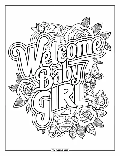 Målarbild med bebisflicka för vuxna: En "Welcome Baby Girl"-design prydd med rosor, rosetter och fjärilar