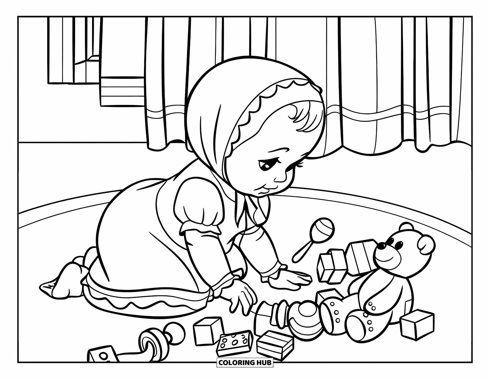 Baby Girl Coloring Page for Kids: A baby girl explores toys scattered across a soft nursery rug