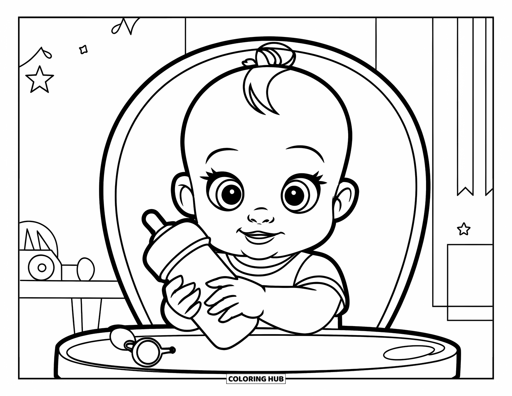 Baby Girl Coloring Page for Kids: A baby girl holds her bottle in a high chair with tiny stars around