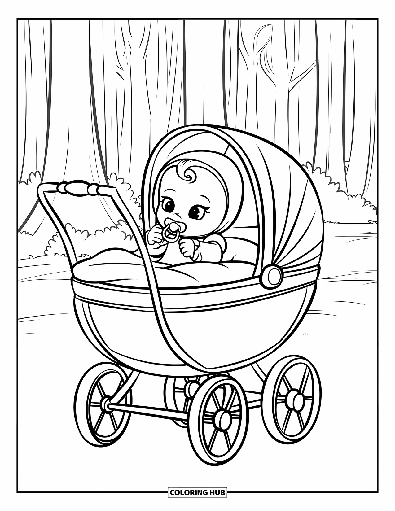 Baby Girl Coloring Page for Kids: A baby girl in a bonnet holds a pacifier inside a wooden stroller