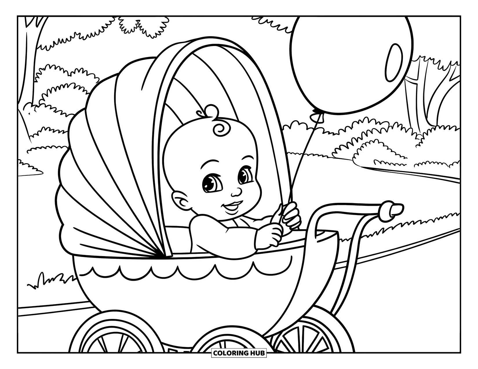 Baby Girl Coloring Page for Kids: A baby girl in a carriage holds a big balloon in the park