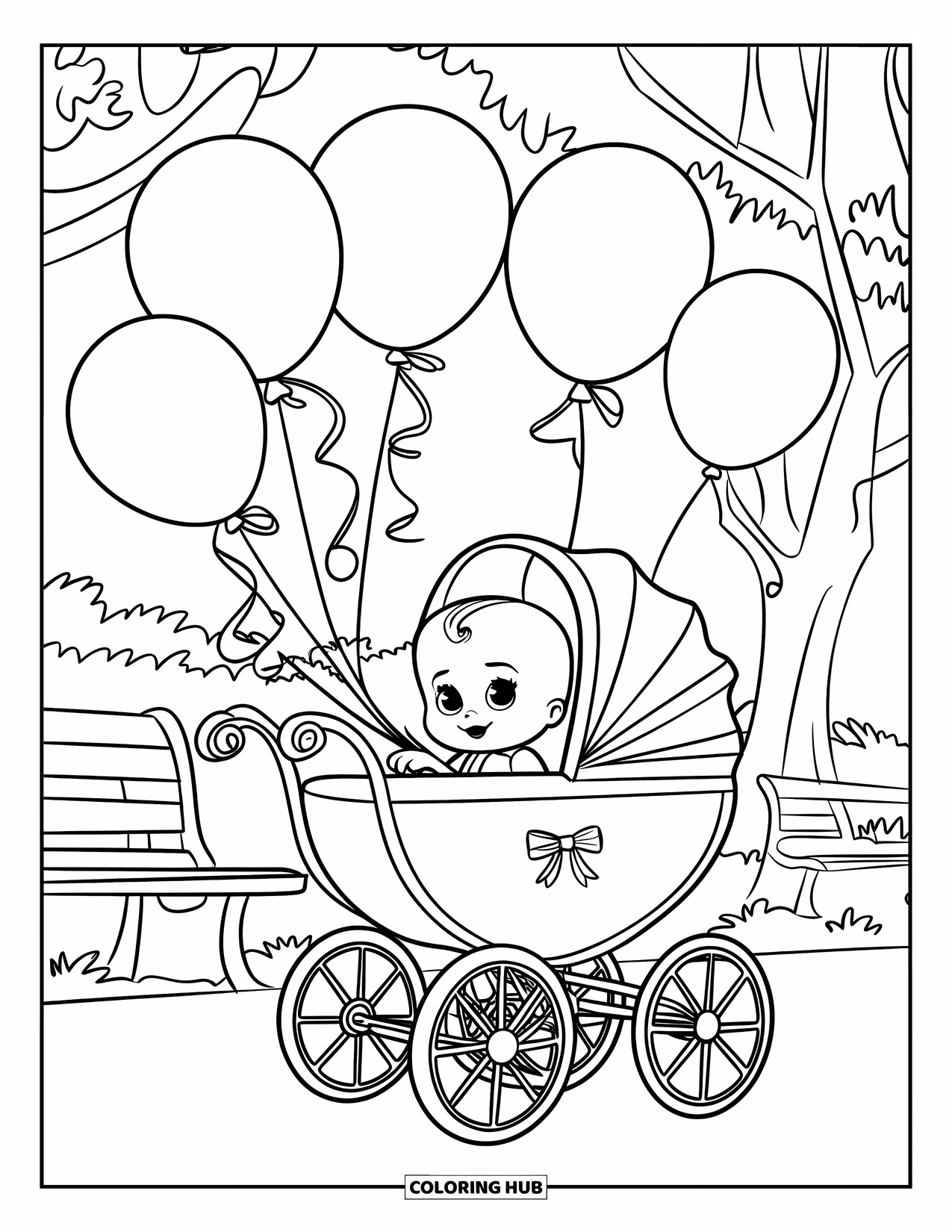 Baby Girl Coloring Page for Kids: A baby girl in a carriage sits in a park with trees and a bench