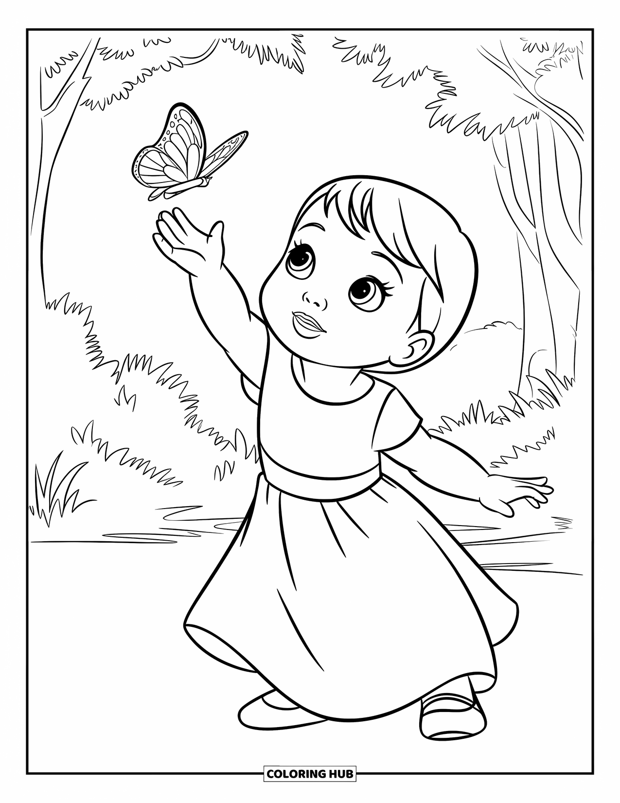 Baby Girl Coloring Page for Kids: A baby girl in a dress reaches toward a butterfly in the forest